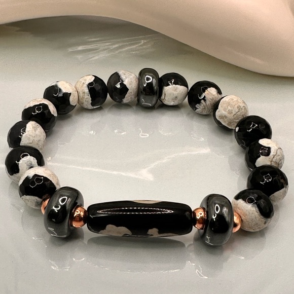 BLACK/WHITE AGATE + RUYI DZI NATURAL STONES BRACELET size 7.5” - Picture 5 of 13